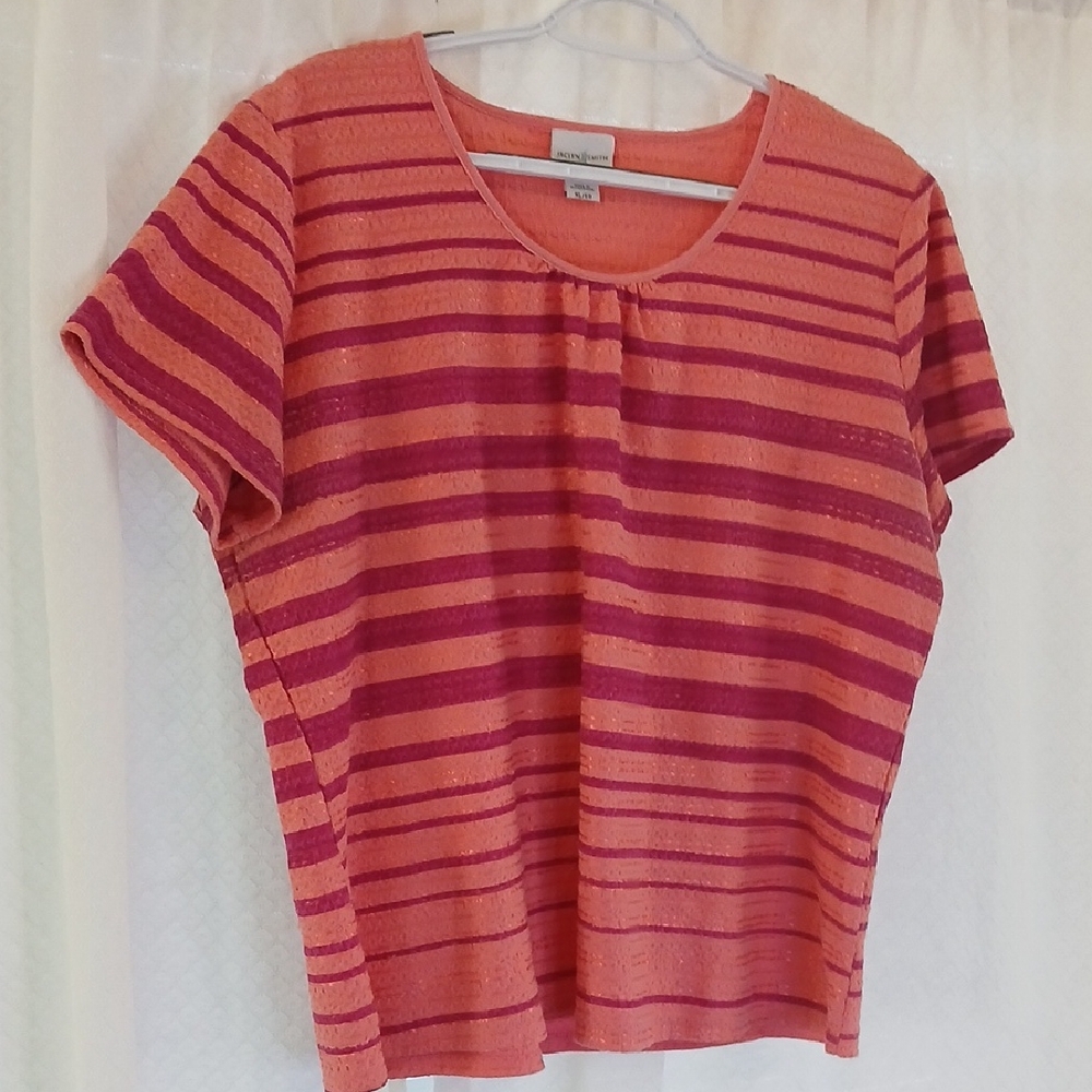 Jacqueline Smith Short-Sleeve Striped Tee in Pink & Coral With Metallic Thread